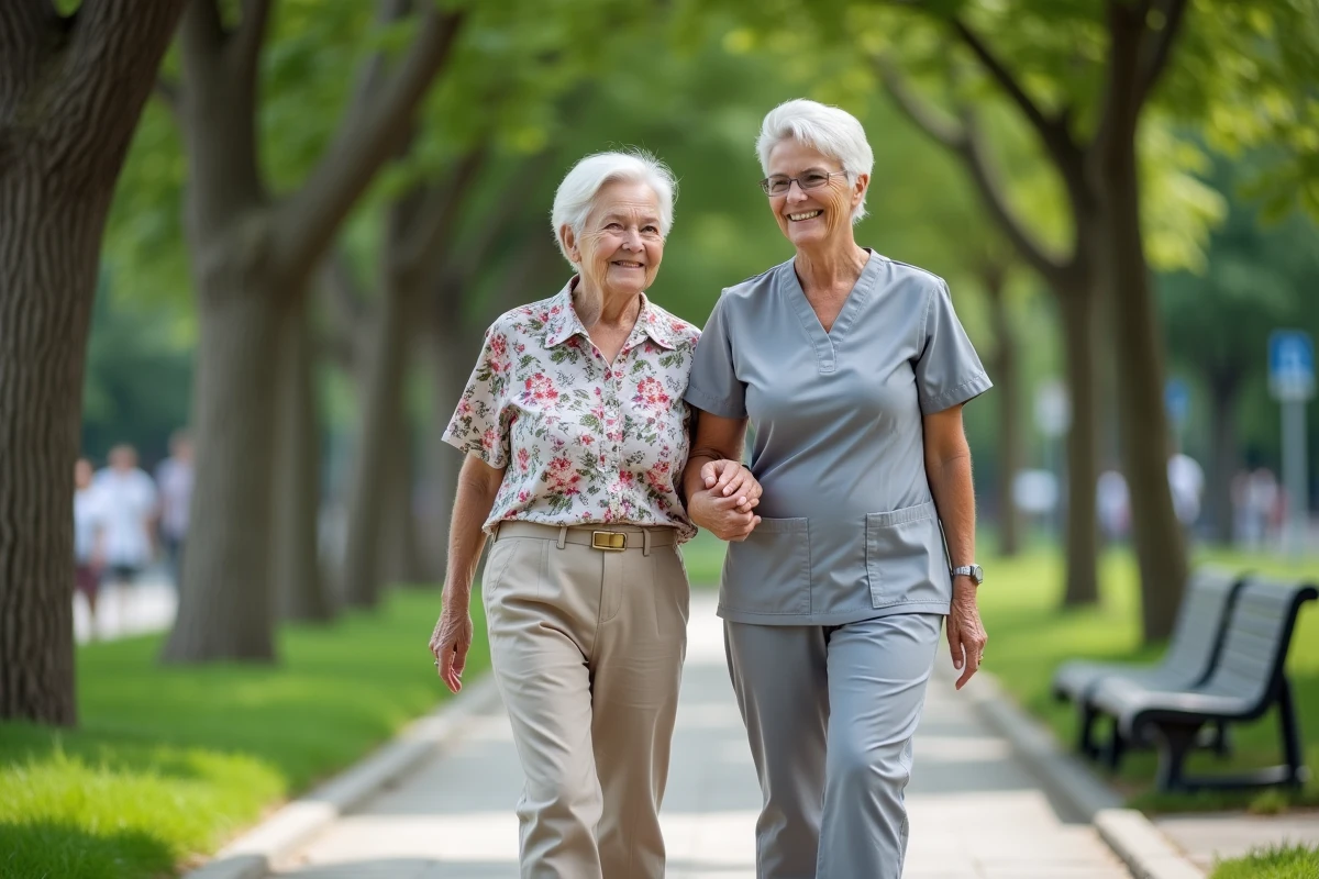 Une senior et son aide-soignante se promènent ensemble dans un parc urbain, illustrant les services d'accompagnement pour personnes âgées