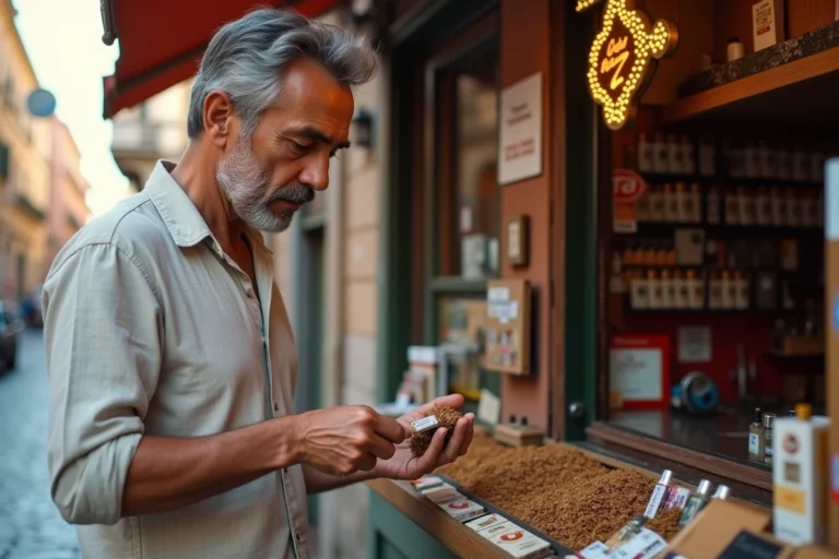 Homme achetant du tabac à rouler dans une tabaccheria typique en Italie