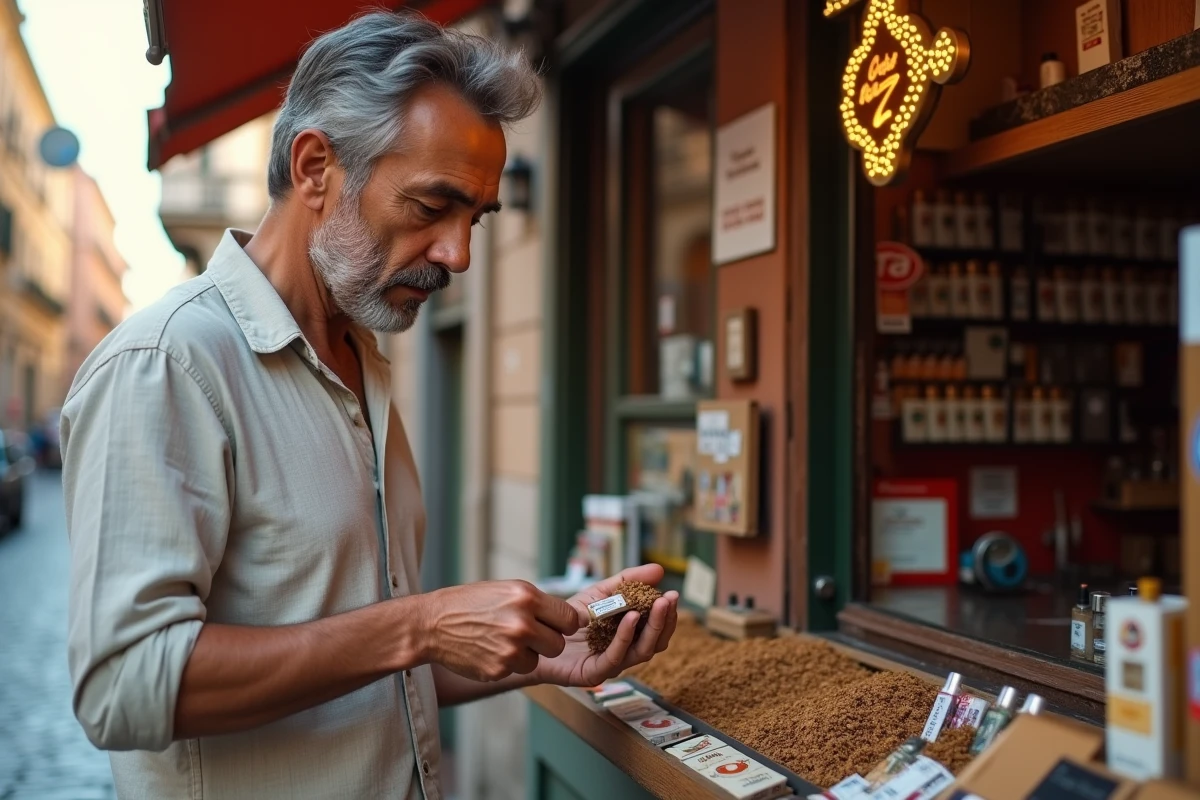 Homme achetant du tabac à rouler dans une tabaccheria typique en Italie