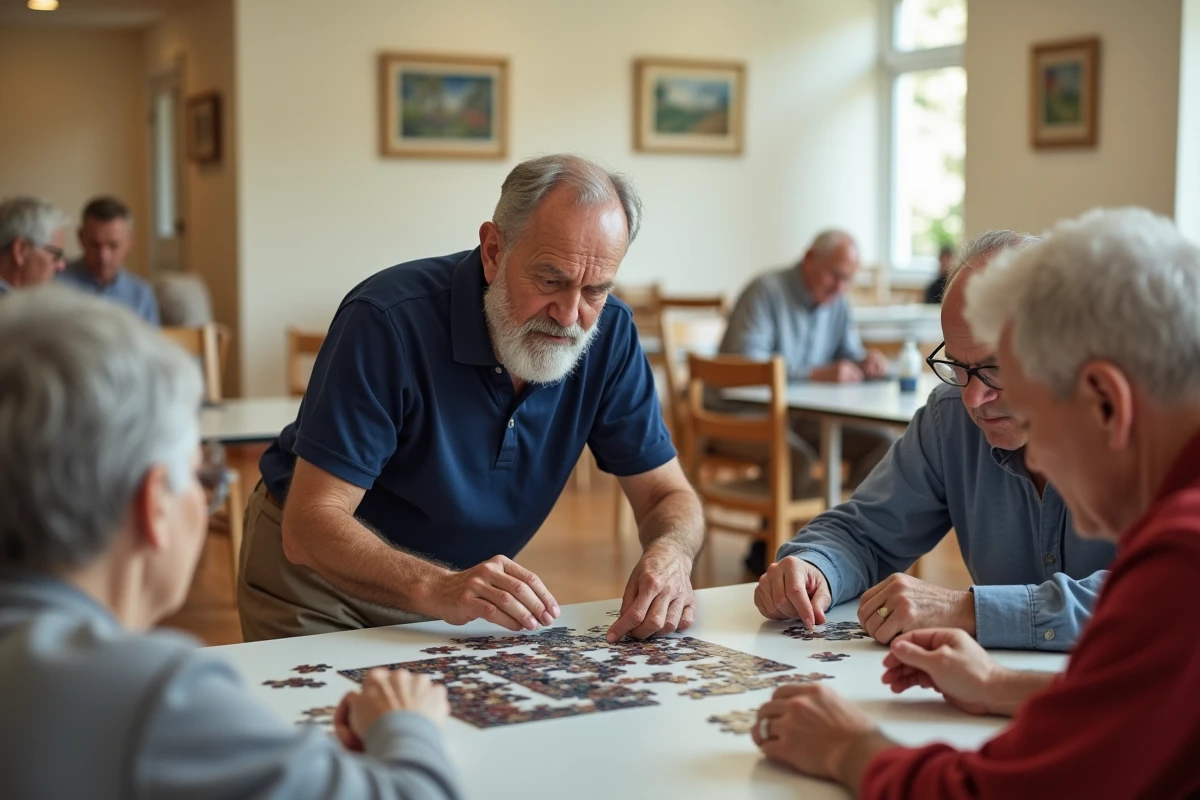 Un groupe de seniors participe à une activité de puzzle dans un centre communautaire dédié aux personnes âgées