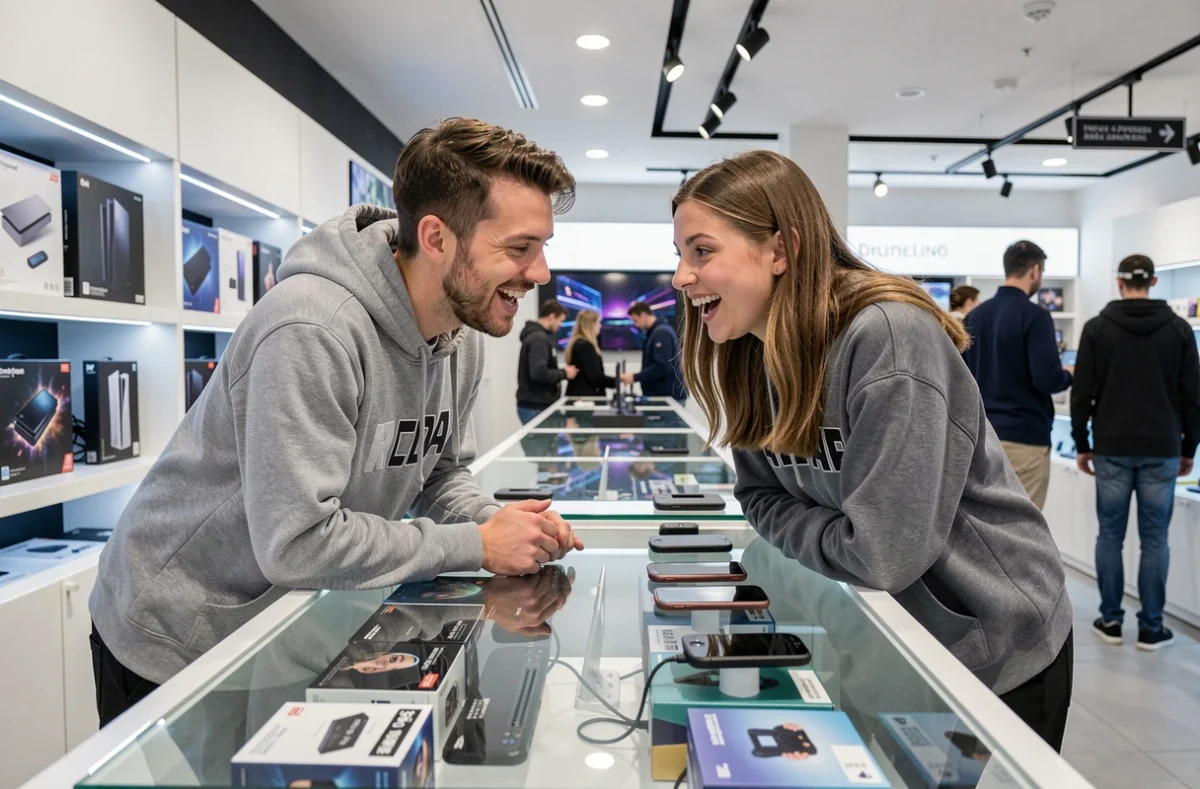 Deux amis passionnés de jeux vidéo et high-tech examinant des consoles et appareils dans un magasin d'électronique moderne