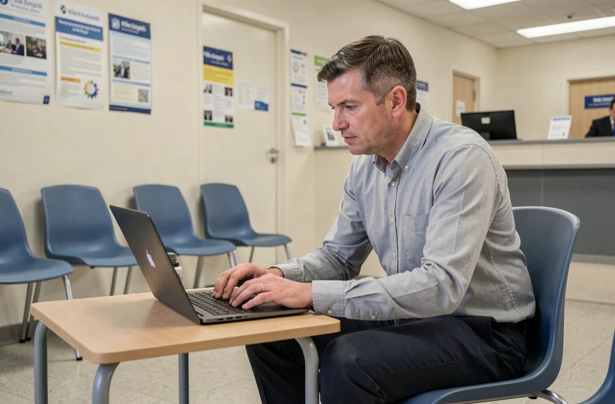 Homme modifiant ou annulant un rendez-vous Pôle Emploi sur un ordinateur portable dans une agence