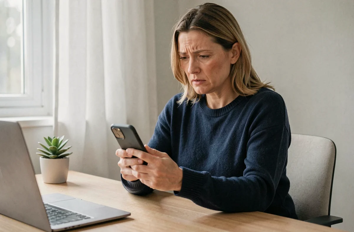 Femme annulant un rendez-vous Pôle Emploi par téléphone depuis son bureau à domicile