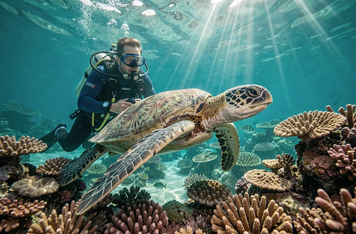 Biologiste marin observant une tortue de mer sur un récif corallien coloré sous l'eau, photographie animalière subaquatique