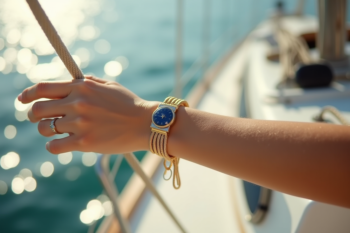 Bras féminin avec bracelet maritime doré et bleu en plein air