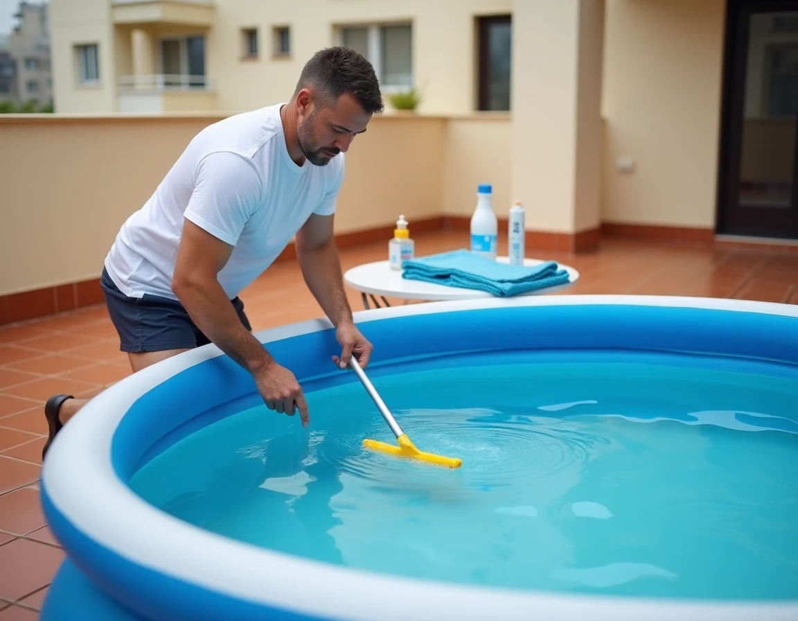 Homme brossant les parois d'une piscine gonflable sur une terrasse pour prévenir les algues sans système de filtration