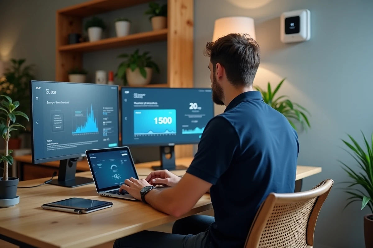 Homme gérant les appareils connectés de sa maison depuis un bureau à domicile avec plusieurs écrans et thermostat intelligent