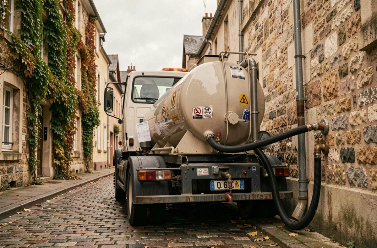 Camion de livraison de fioul domestique garé dans une rue résidentielle française avec tuyau de remplissage connecté