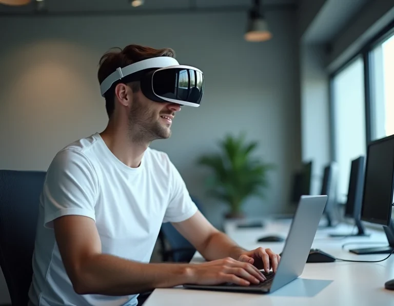 Homme portant un casque AR dans un laboratoire d'innovation technologique moderne