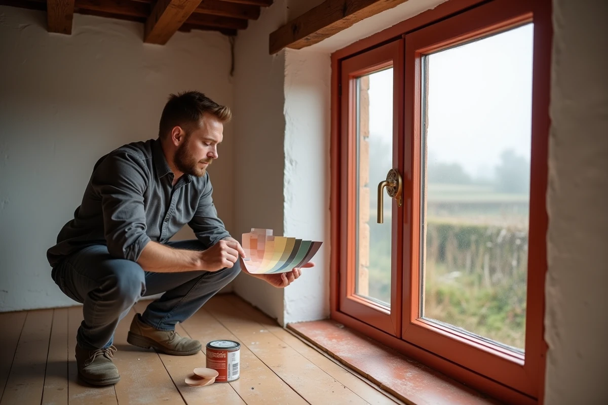 Artisan breton comparant des échantillons de couleurs pour fenêtre en bois à l'intérieur d'une maison rénovée