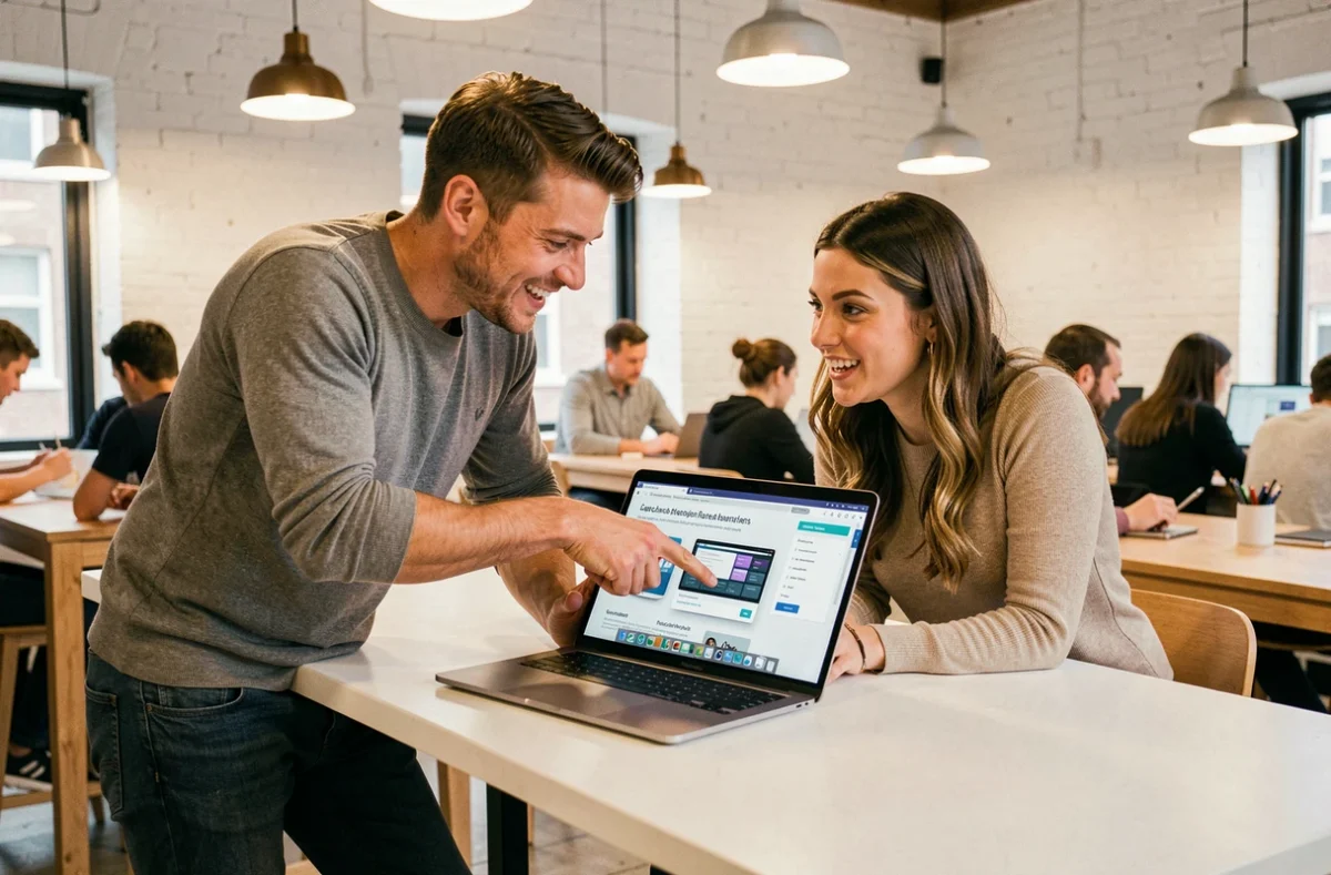 Deux collègues discutant d'innovations numériques sur un ordinateur portable dans un espace de coworking moderne