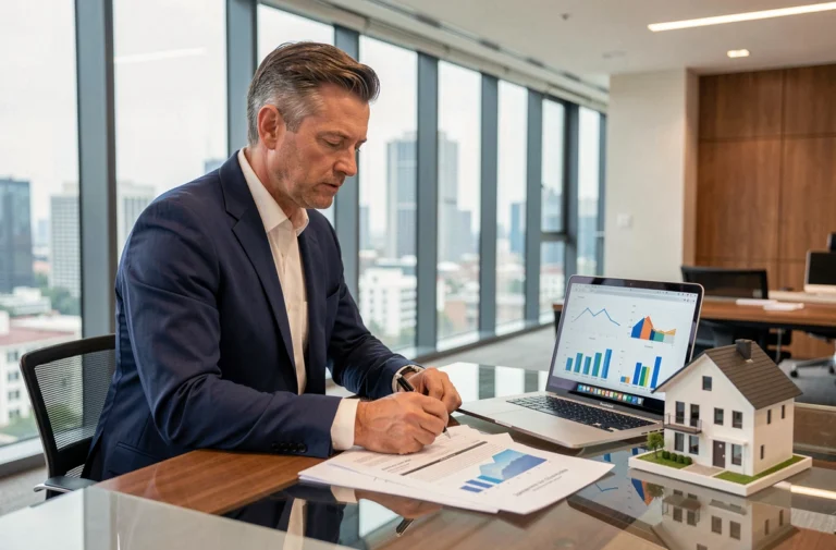 Conseiller en gestion de patrimoine analysant des documents de défiscalisation immobilière dans un bureau moderne avec vue sur la ville