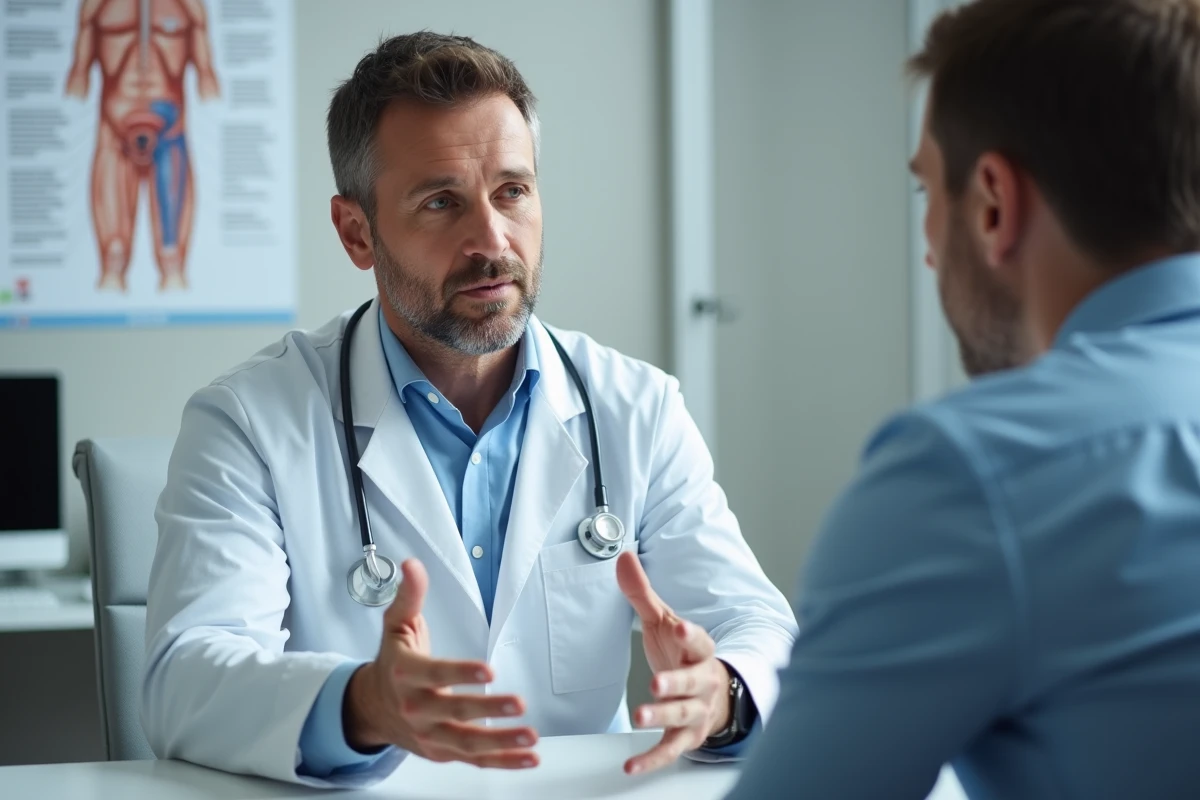Médecin expliquant des causes médicales à un patient lors d'une consultation urologique
