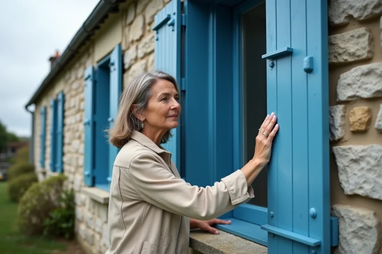 Maison bretonne en granit avec fenêtres en bois peintes en bleu océan, femme examinant le cadre de fenêtre