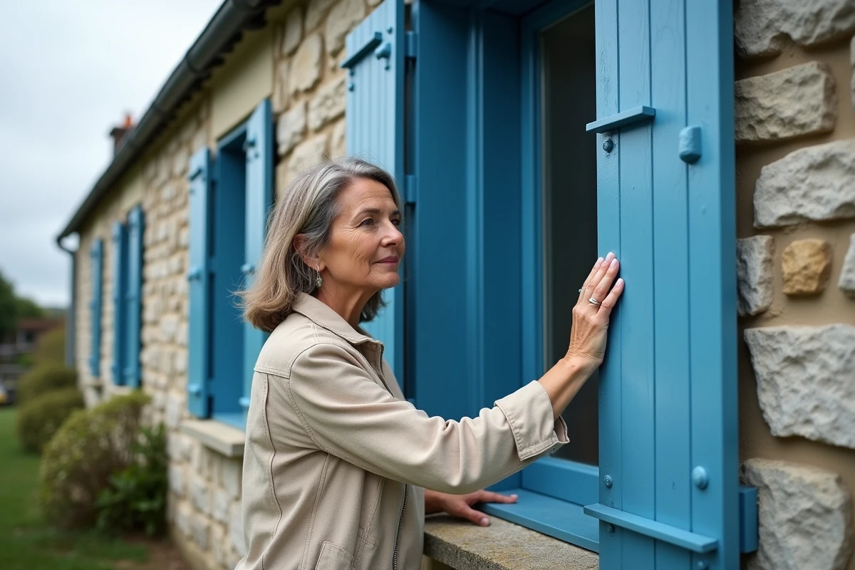 Maison bretonne en granit avec fenêtres en bois peintes en bleu océan, femme examinant le cadre de fenêtre