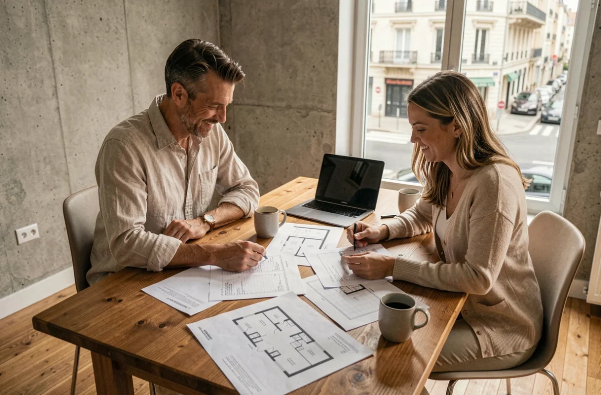 Couple examinant des estimations immobilières et des plans d'appartement pour vendre leur bien au meilleur prix