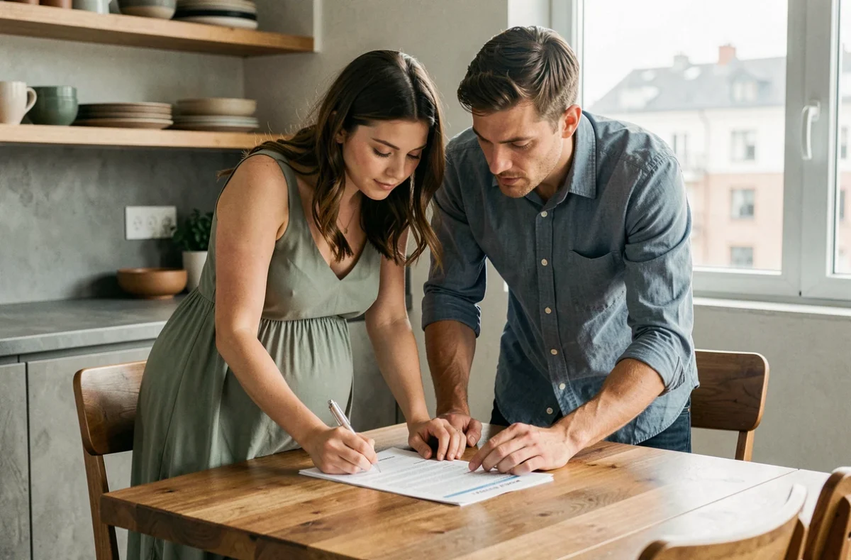 Couple de futurs parents en train de préparer ensemble leur liste de naissance autour d'une table avec une liste imprimée