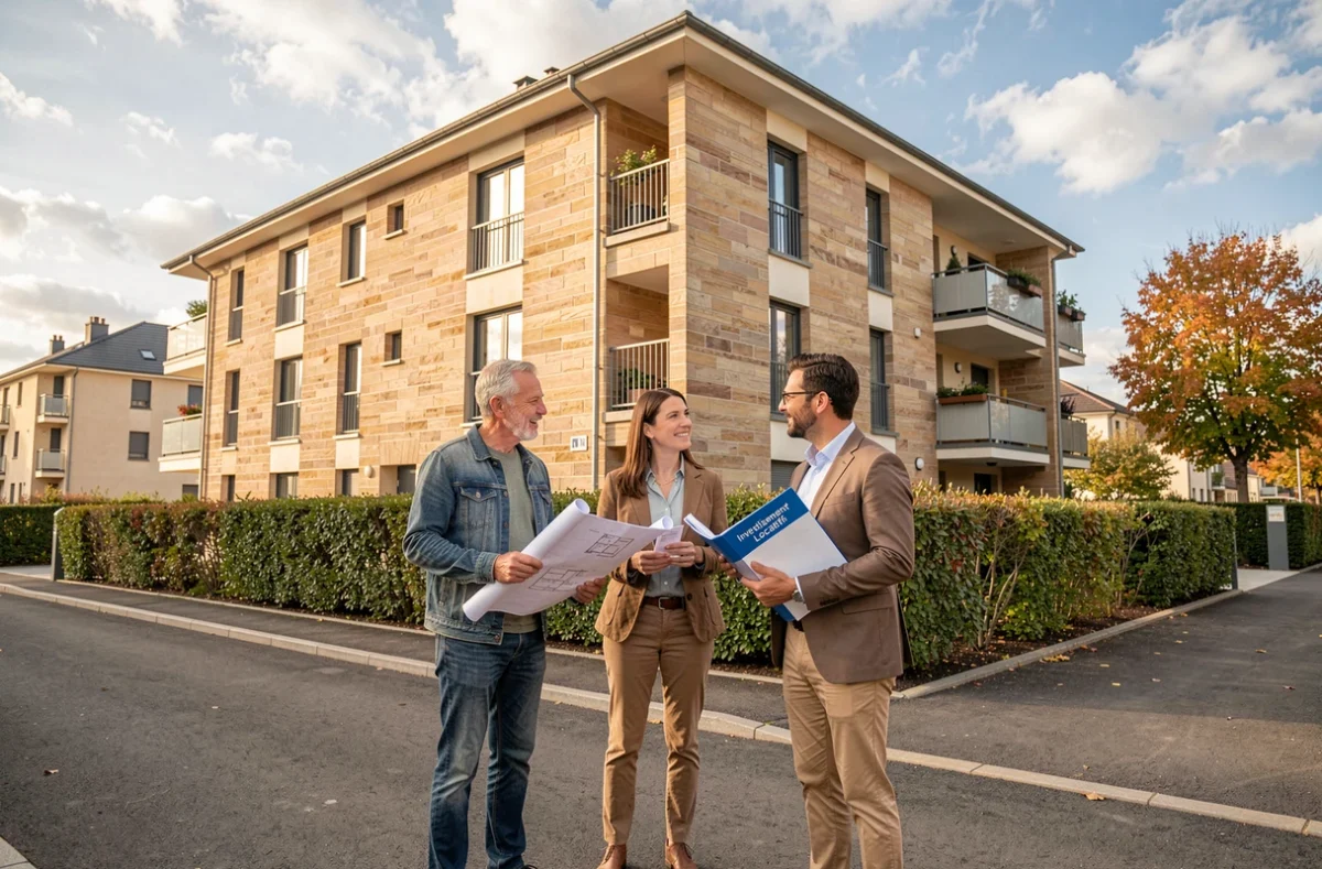 Couple d'investisseurs discutant avec un agent immobilier devant un immeuble neuf éligible à la défiscalisation immobilière en France