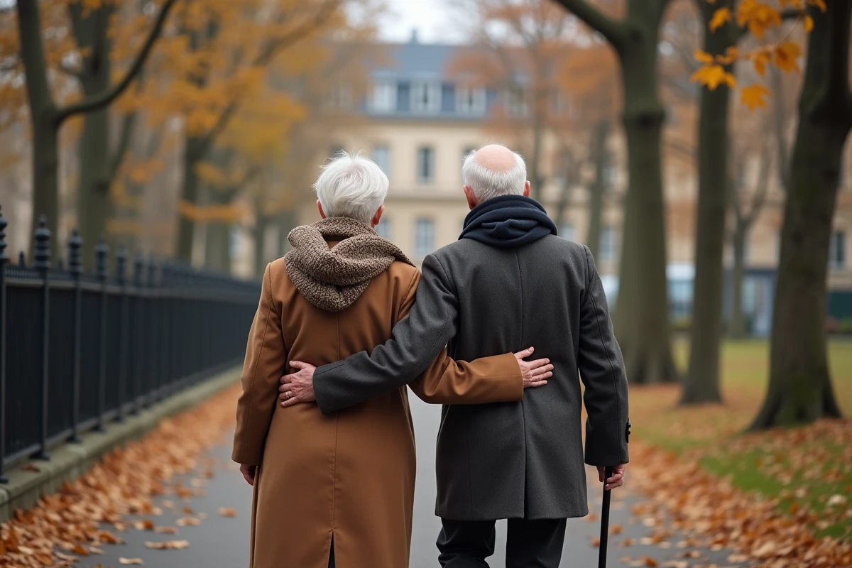 Couple âgé marchant dans un parc parisien en automne