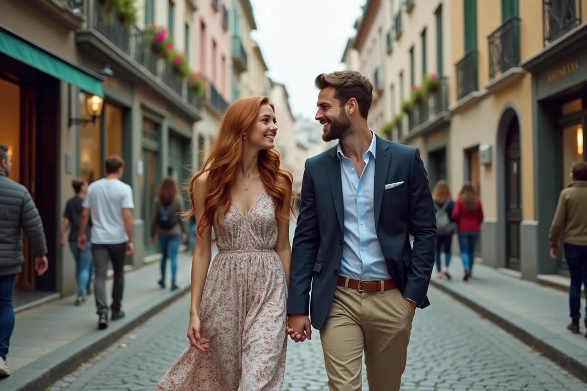 Couple romantique se promenant dans une rue pavée européenne, évoquant la complicité et la vie de couple