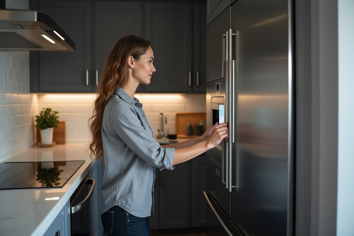 Femme utilisant un panneau de contrôle connecté dans une cuisine moderne équipée d'appareils intelligents
