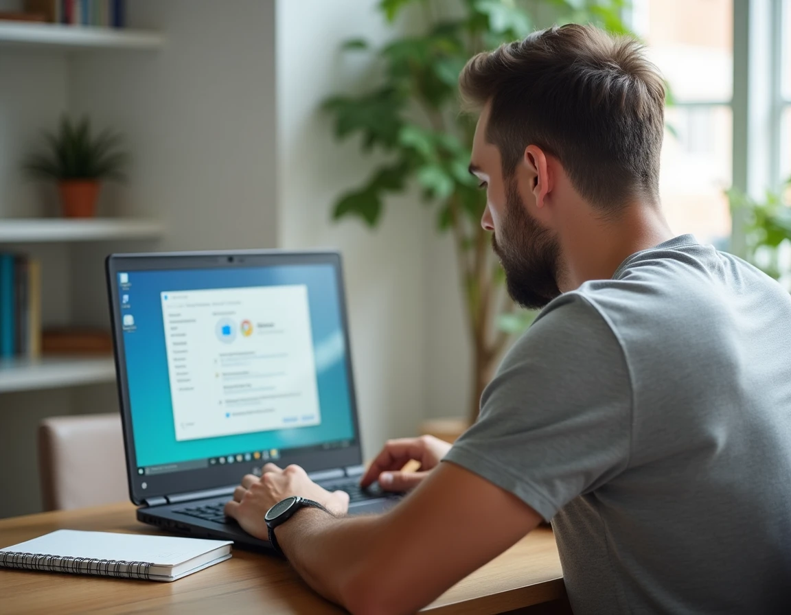 Homme désinstallant un logiciel antivirus sur un ordinateur Windows dans un bureau à domicile