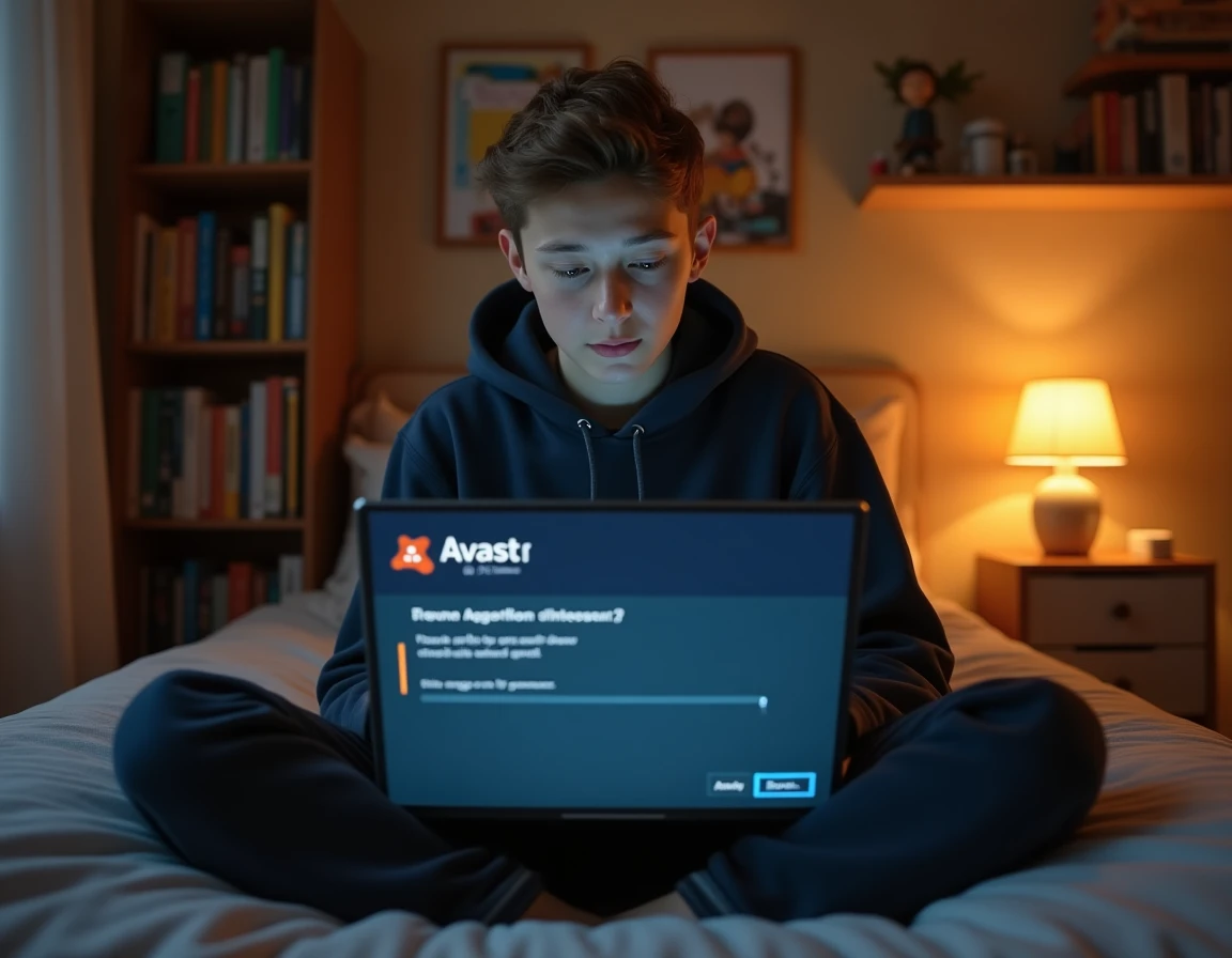 Adolescent désinstallant Avast sur un ordinateur portable Windows dans sa chambre