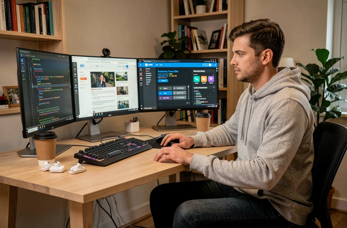 Développeur travaillant depuis chez lui sur plusieurs écrans avec des interfaces de code et d'actualités technologiques