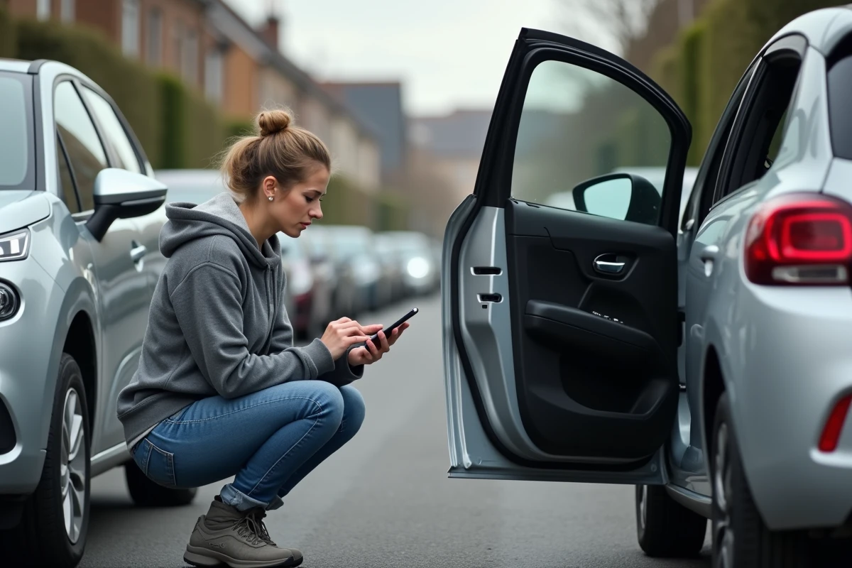 Femme consultant une application de diagnostic automobile sur smartphone à côté d'une Citroën C3 garée dans une rue résidentielle