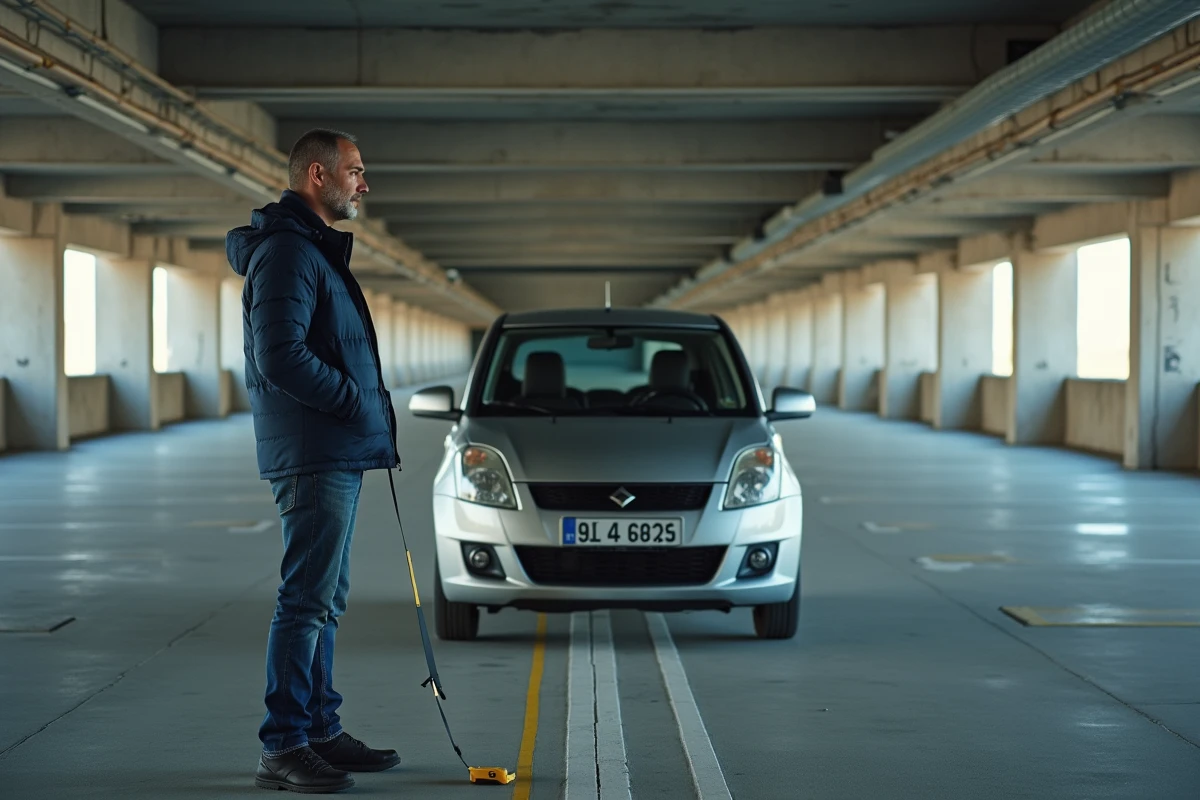 Homme mesurant une place de parking souterrain avec un mètre ruban pour vérifier les dimensions réglementaires