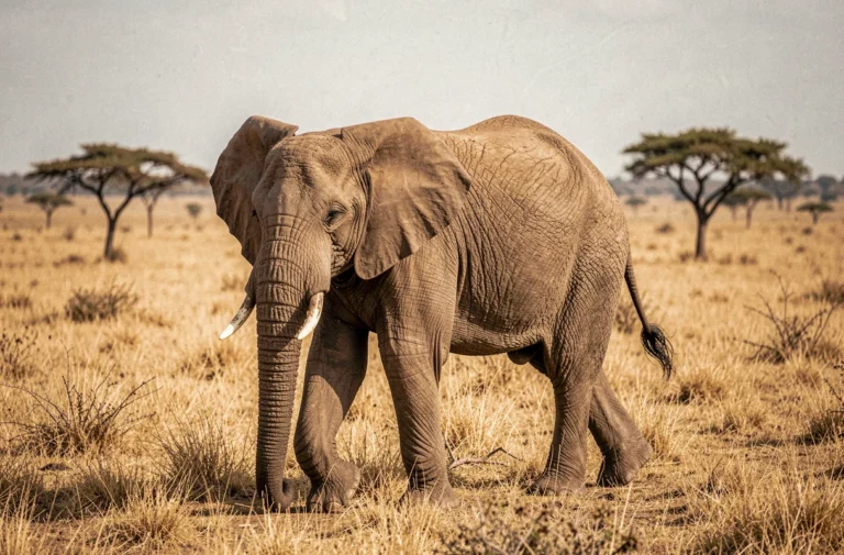 Éléphant africain marchant dans la savane dorée avec des acacias en arrière-plan, photo animalière réaliste