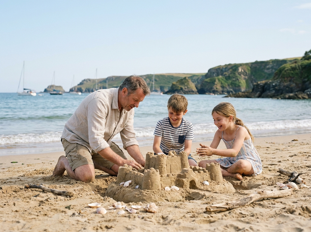 Enfants construisant un château de sable sur la plage