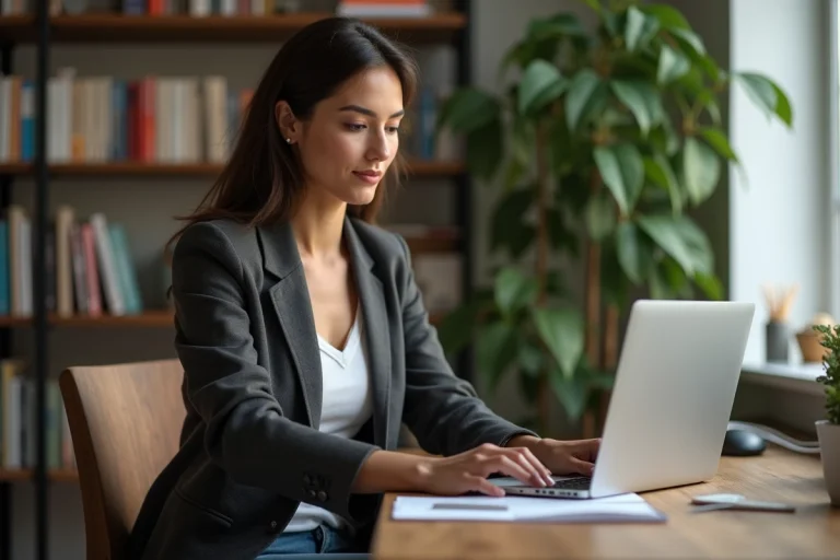 Femme en blazer dans un bureau cosy et moderne