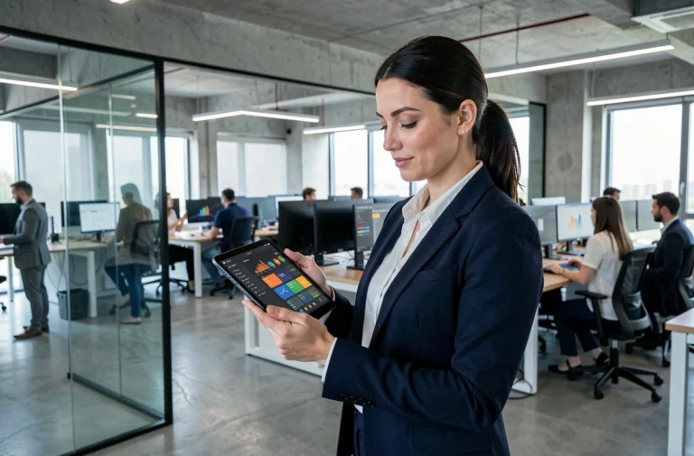 Femme professionnelle consultant une tablette avec des interfaces numériques dans un bureau high-tech moderne