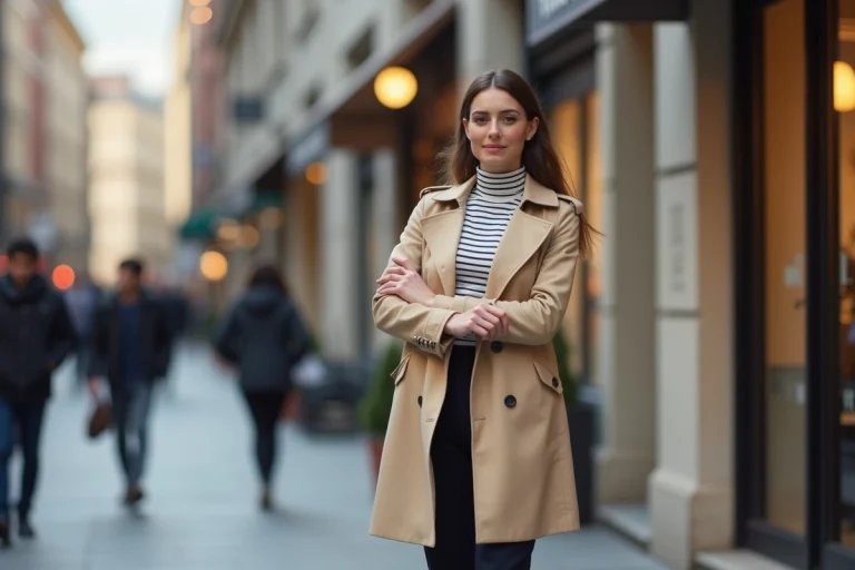 Femme élégante en trench beige et rayures dans la ville
