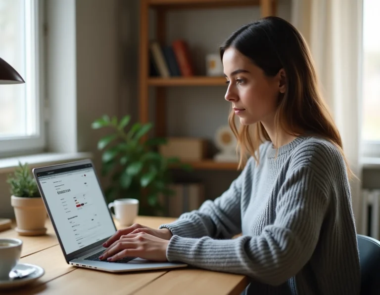 Femme consultant ses commandes Amazon masquées sur un ordinateur portable dans un bureau à domicile
