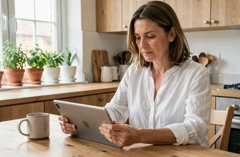 Femme de 40 ans consultant des articles de santé sur une tablette dans une cuisine moderne en bois