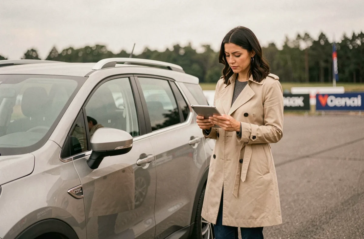 Femme consultant une tablette lors d'un événement de presse automobile en extérieur avec un SUV compact