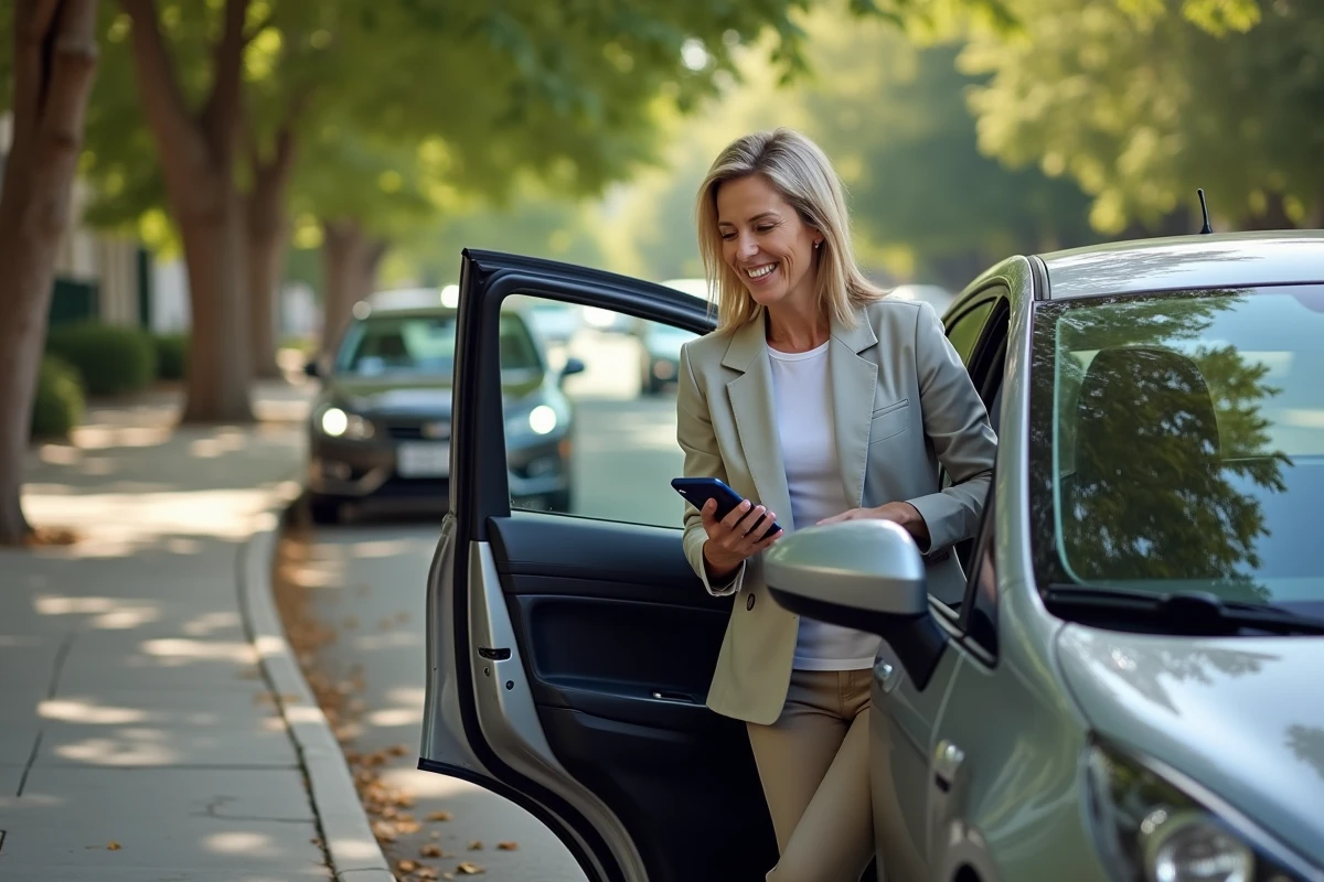 Femme souriante ouvrant une voiture en banlieue