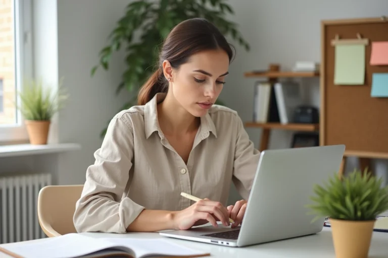 Femme en home office utilisant une application de prise de notes numériques pour externaliser sa mémoire et booster sa productivité