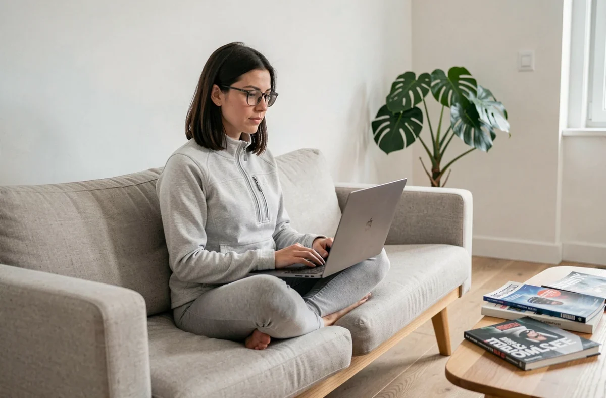 Femme passionnée de high-tech lisant des actualités technologiques sur un laptop gaming dans un salon minimaliste