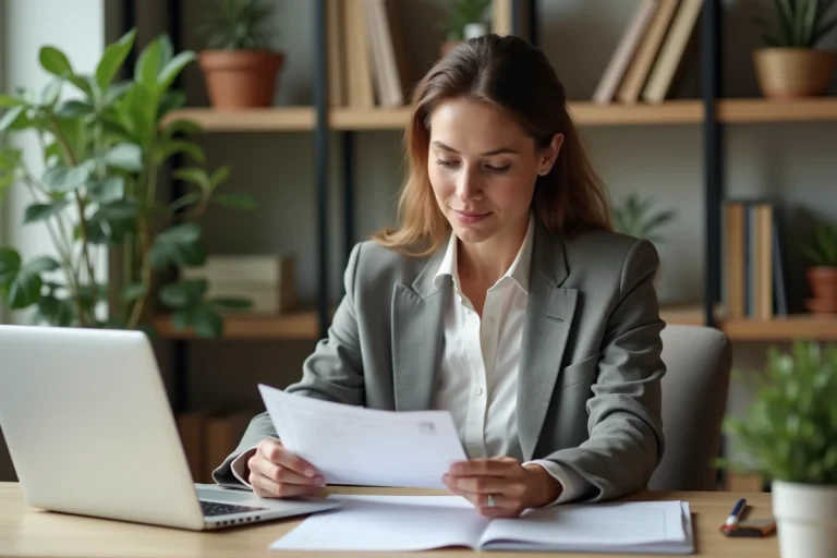 Femme en tenue professionnelle examine son CV dans un bureau moderne