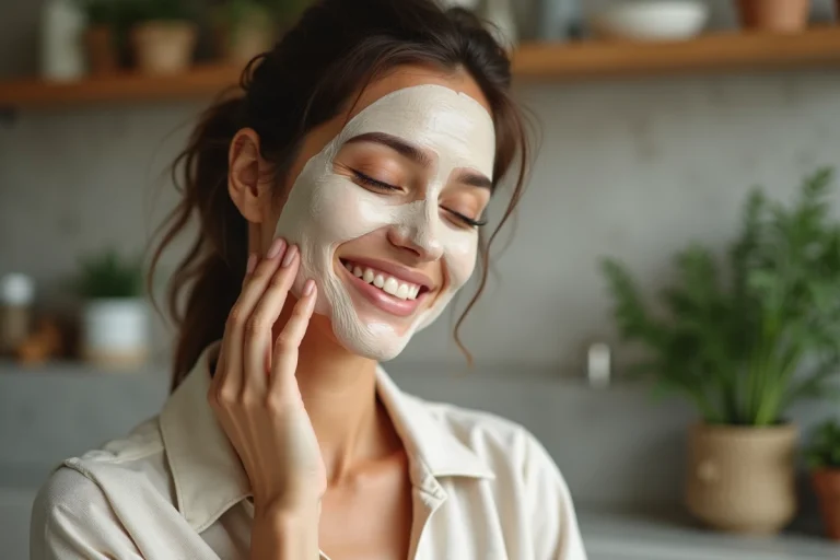 Femme souriante appliquant un masque facial naturel
