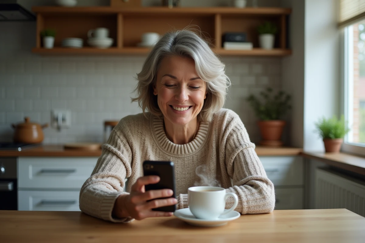 Femme souriante avec smartphone dans une cuisine chaleureuse