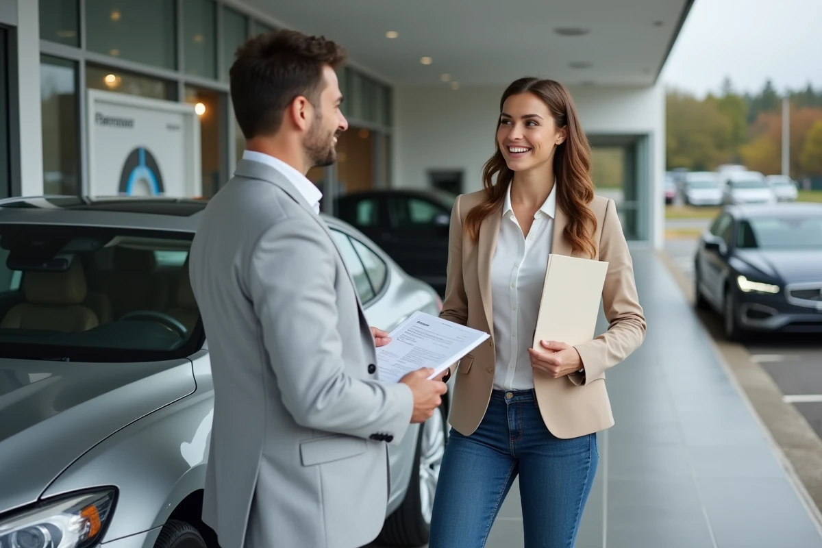 Jeune femme souriante avec une voiture dans une concession