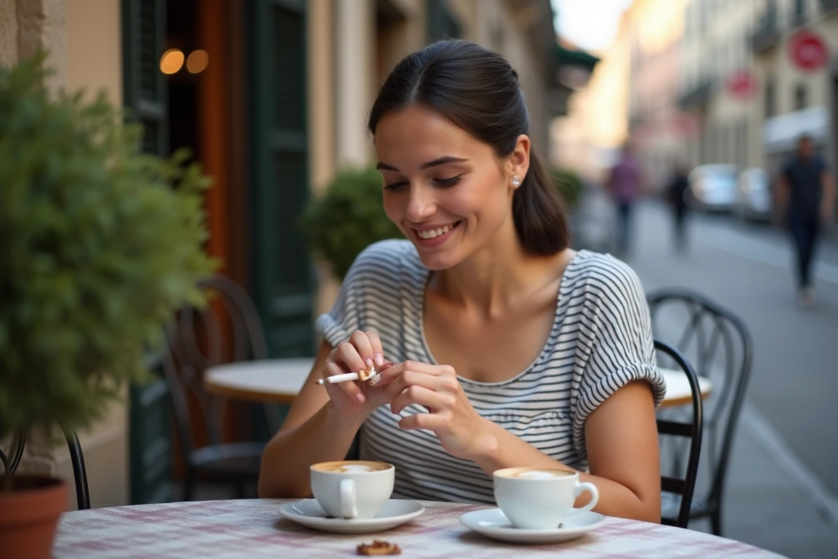 Jeune femme roulant une cigarette avec du tabac à rouler dans un café en Italie