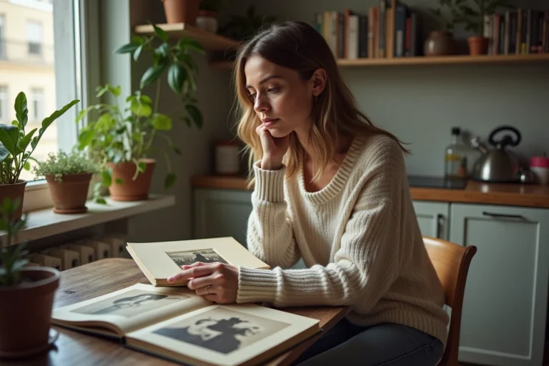 Femme réfléchie feuilletant albums photo vintage dans un appartement parisien