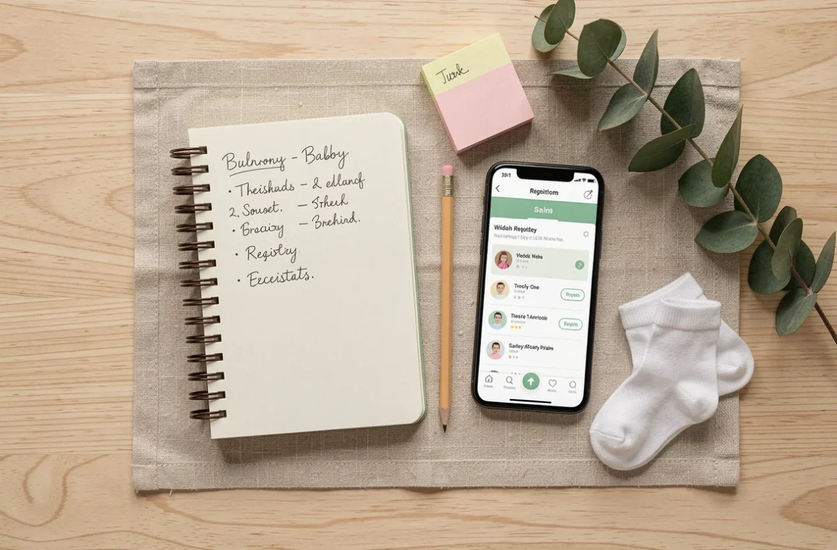 Vue de dessus d'un bureau avec carnet de liste de naissance, smartphone et articles essentiels pour bébé disposés en flat lay