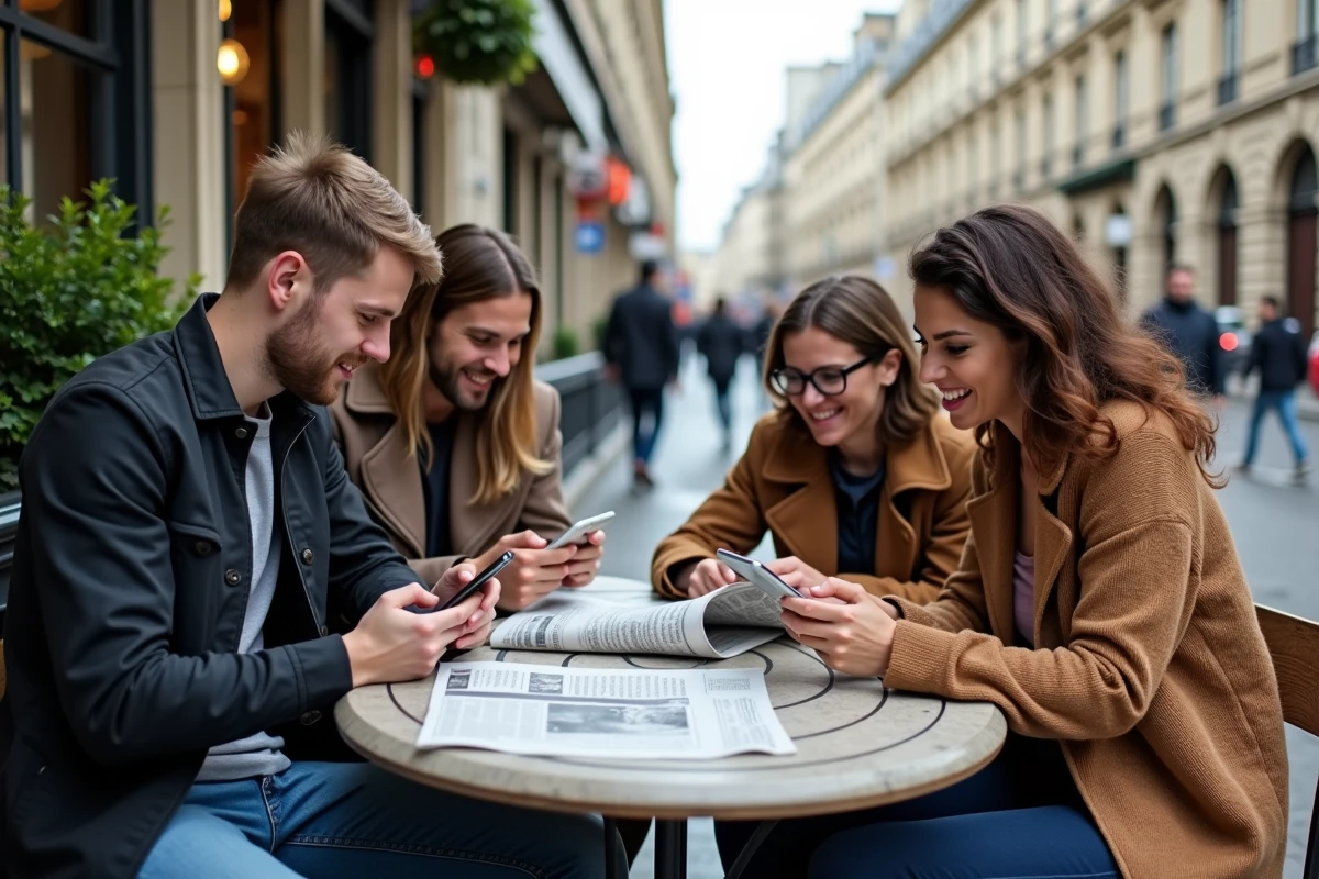 Groupe de personnes lisant les actualités sur smartphones et journal dans un café parisien