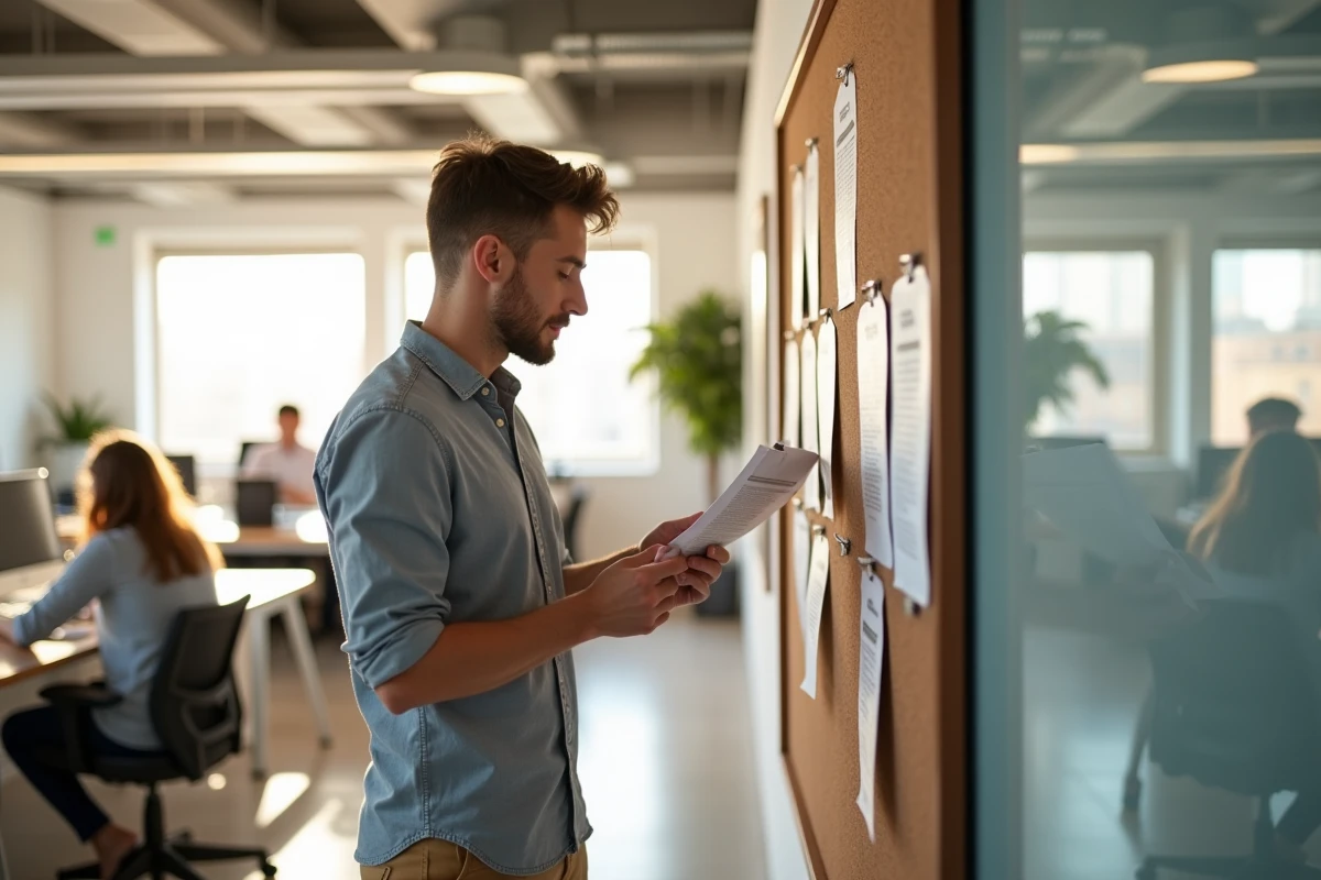 Homme pinçant des flyers dans un espace de coworking lumineux